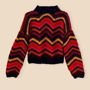 Farm Rio Colorful Waves Rainbow Handmade Crochet Balloon Sleeve Sweater Medium